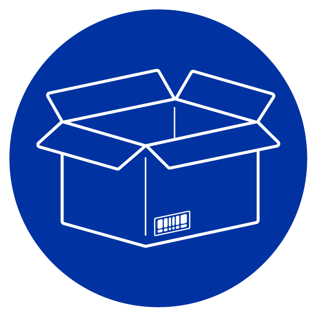 White opened shipping box icon on blue circle background