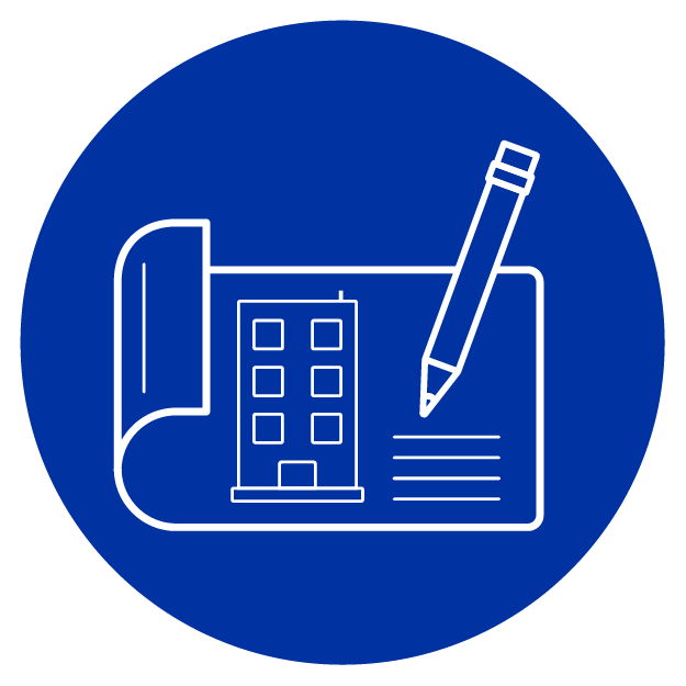 White Blue Print icon with pencil on blue circle background