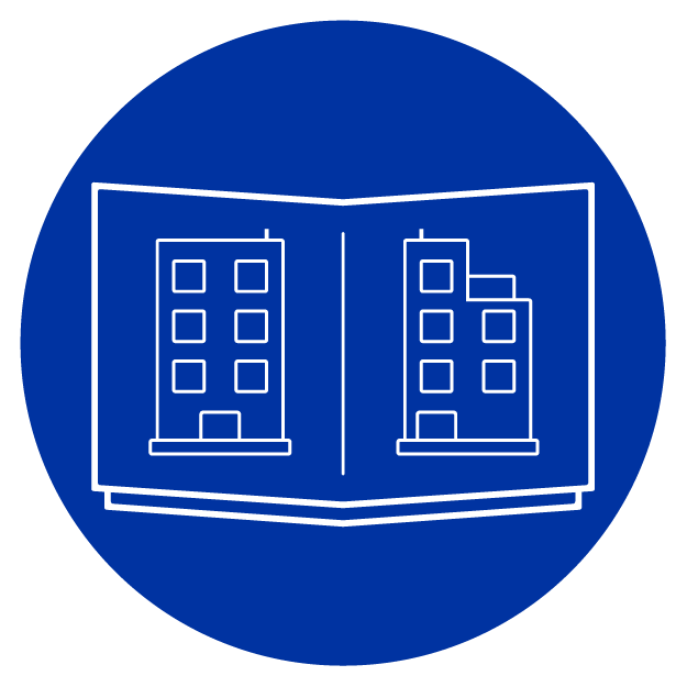 White portfolio icon with buildings on the pages of the book, on a blue circle background