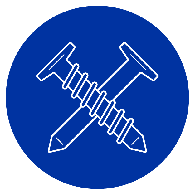 White Screw and Nail Icon on blue circle background