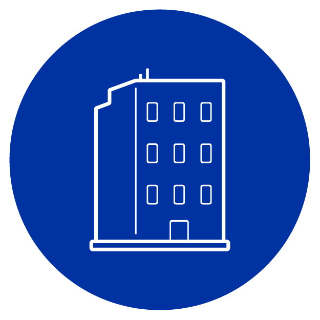 White High Rise Building Icon on blue background
