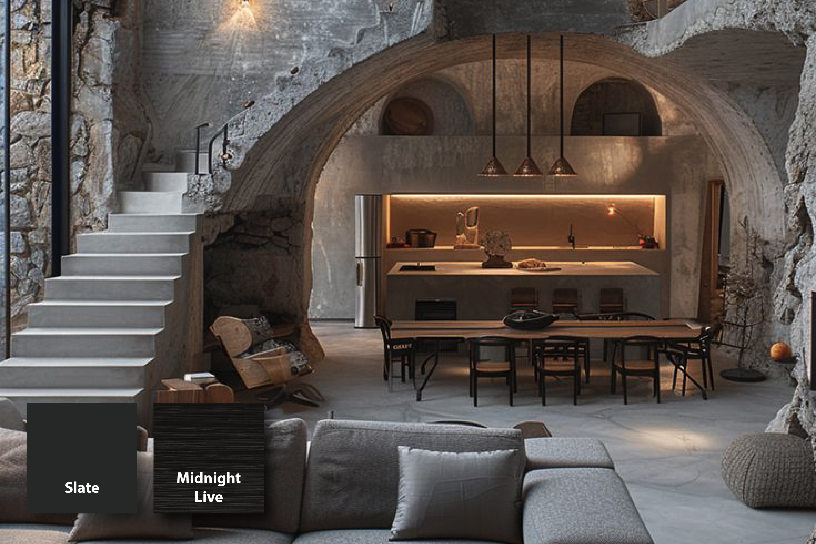 Pinterest Predictions - Castlecore with stone interior with gray hues and ambient lighting.