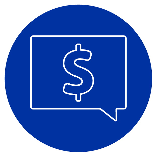 White dollar sign in chat bubble with a blue circle background