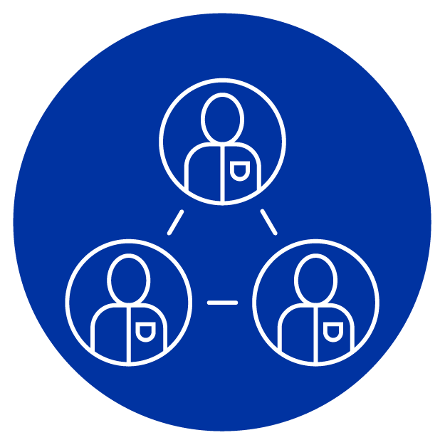 White teamwork icon on blue circle background