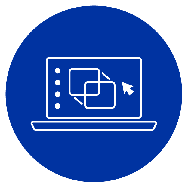 White computer icon on blue circle background