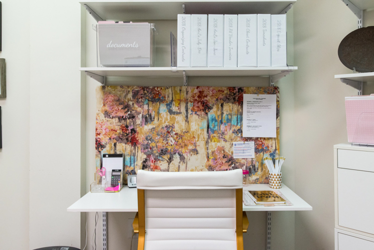 freedomRail white desk with pencils, binders, folders and more