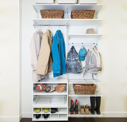 freedomRail white entryway closet with shoes, coats, baskets and more.