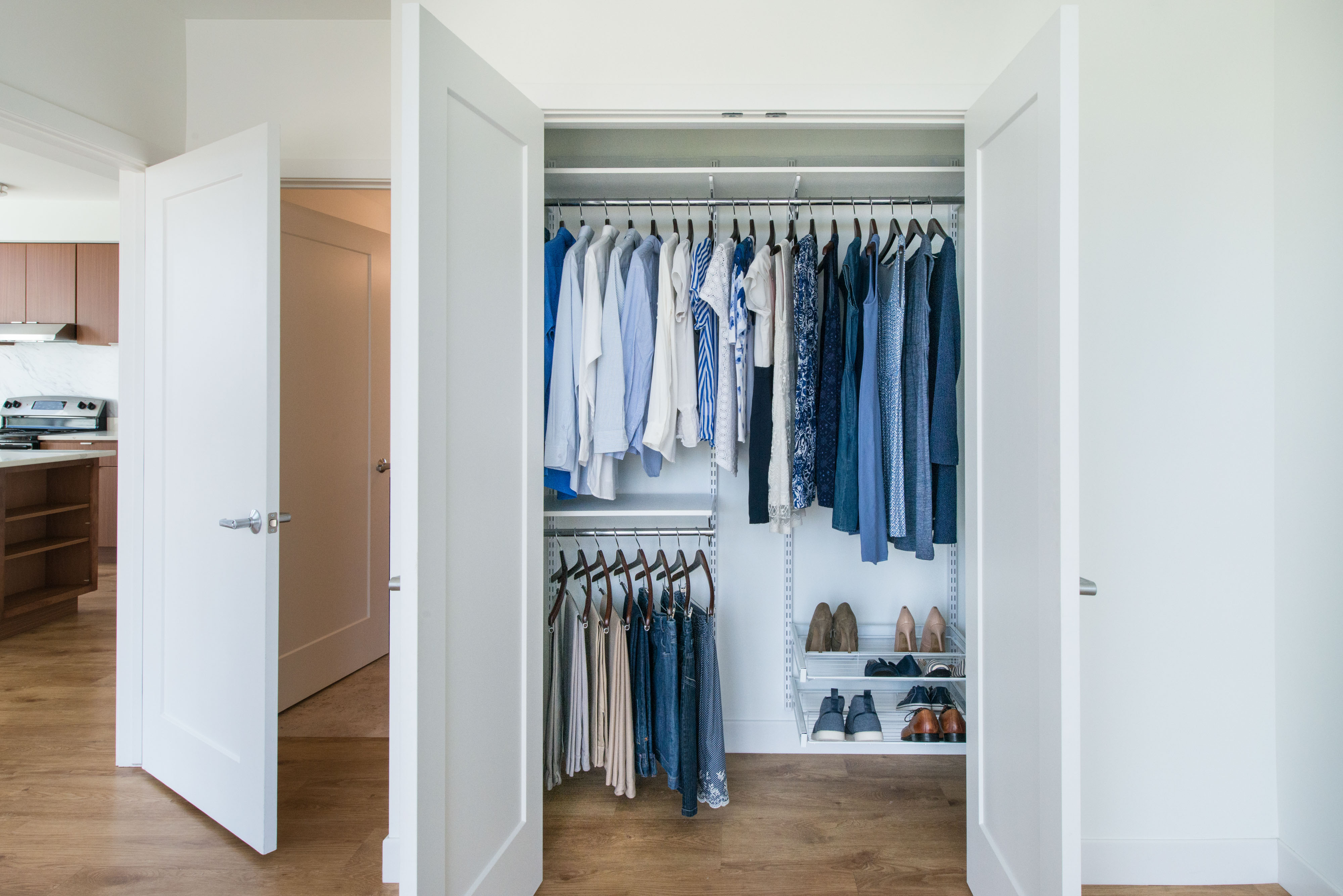 Collage of building, closet, and woman.