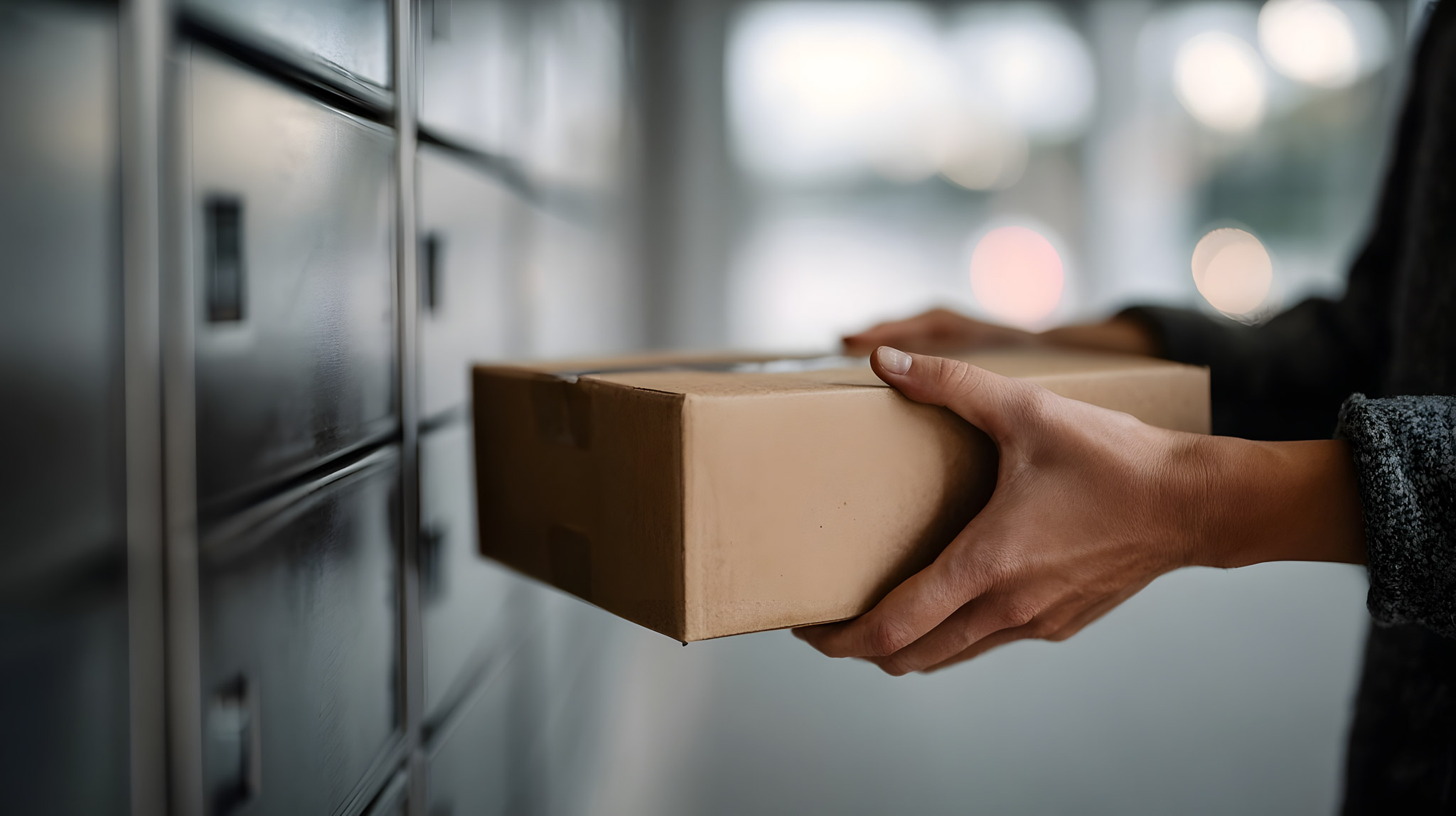 AdobeStock_1670199712_Package Locker with person holding package by locker.