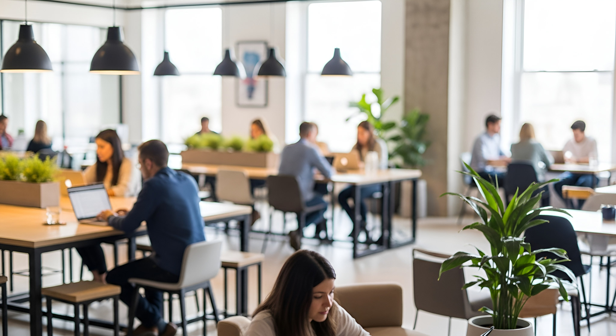AdobeStock_1977769519_Coworking Space with tables, plants, lighting, and various people working.