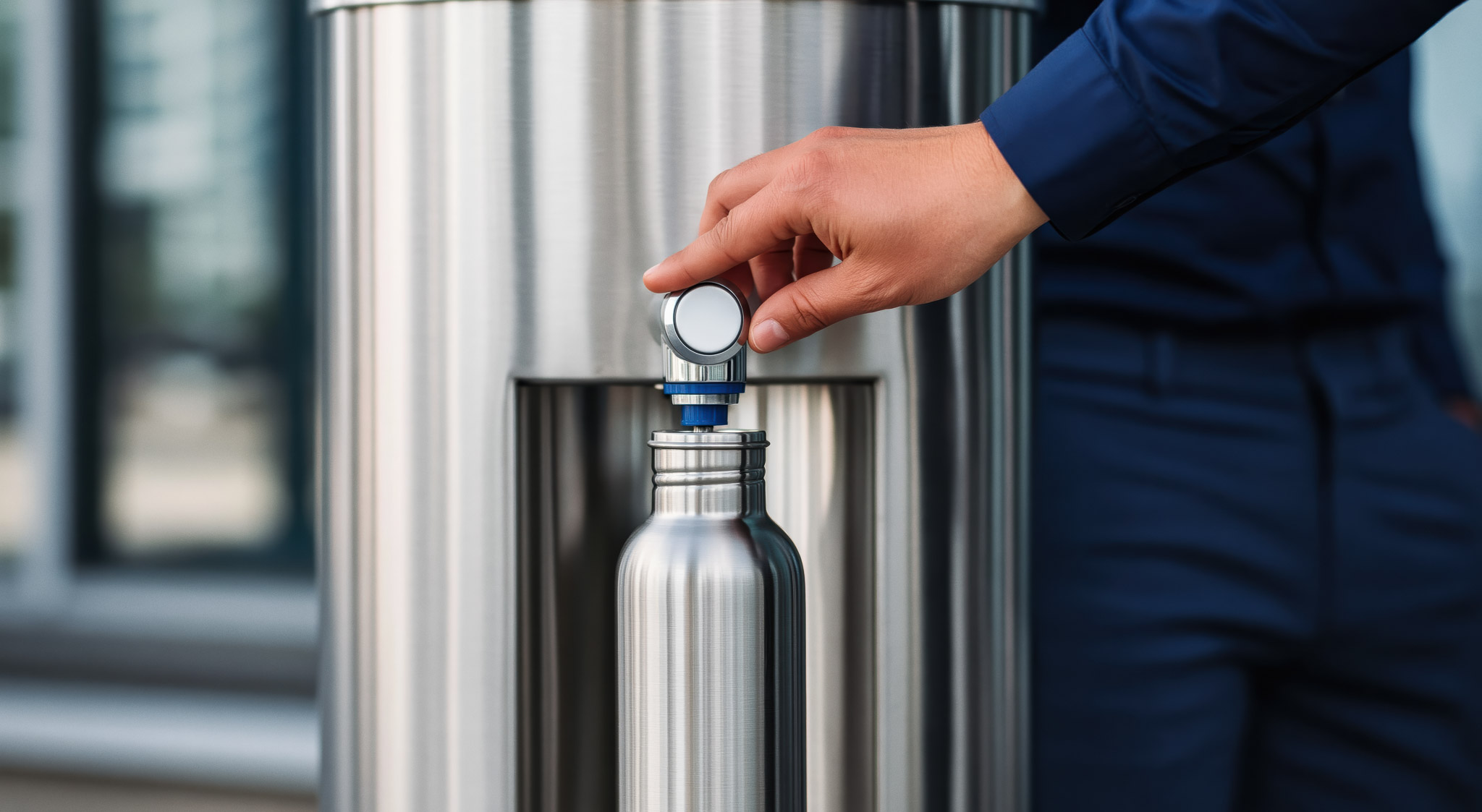 AdobeStock_2044051486_hand filling water bottle with blue shirt, metal fountain and metal water bottle.