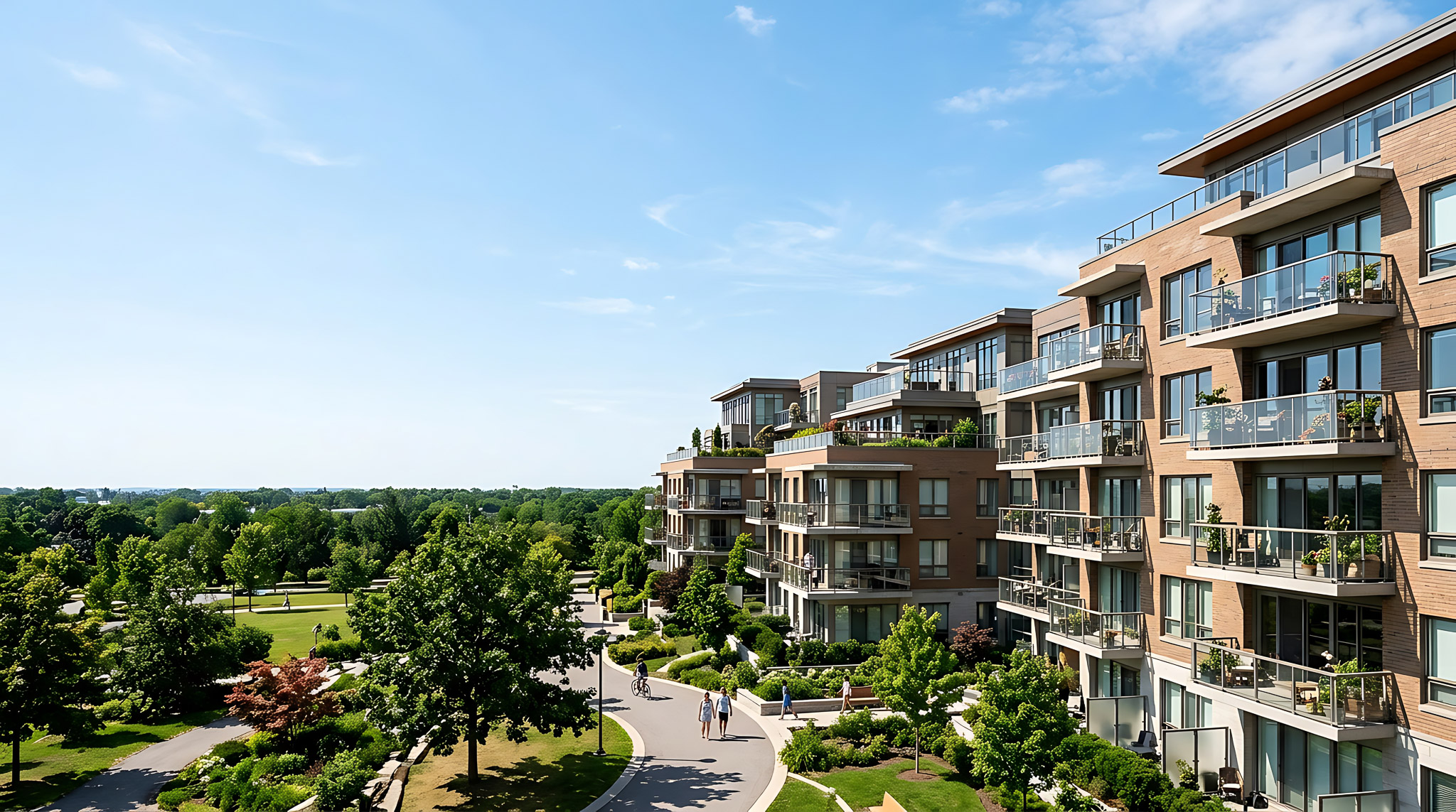 AdobeStock_Apartment with foliage around it with terraces, a lot of trees, and wide sidewalk.