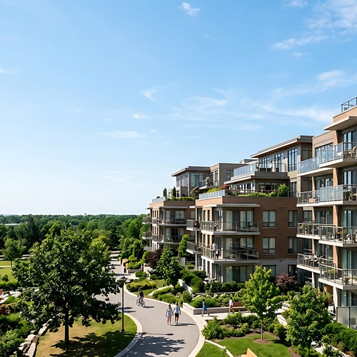 AdobeStock_Apartment with foliage around it with terraces, a lot of trees, and wide sidewalk.