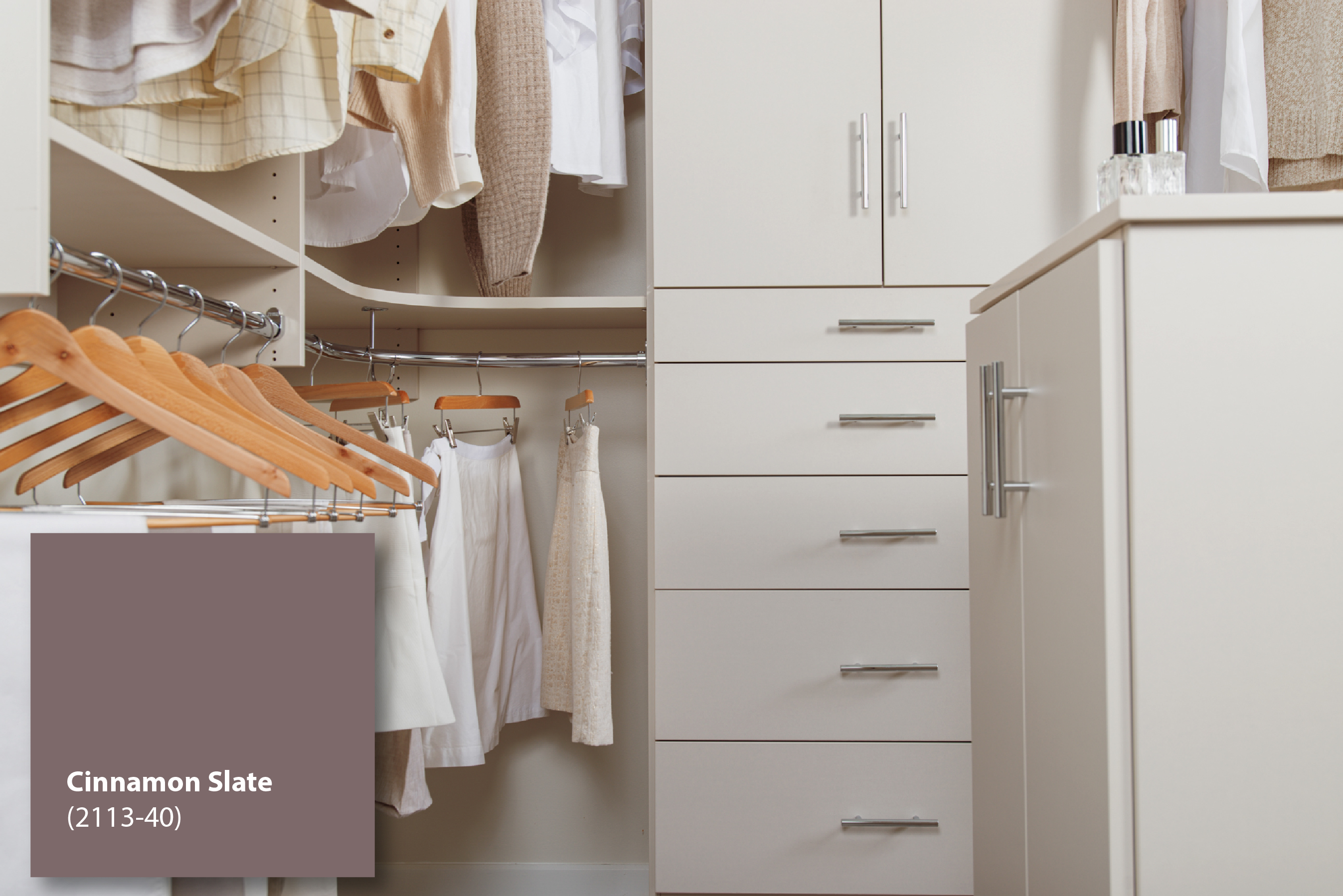 Benjamin Moore Color of the Year Image with color swatch and Classica closet in Truffle.