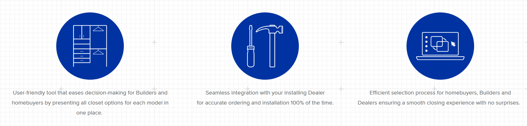 User-friendly tool that eases decision-making by presenting all closet options for each model. Seamless integration with accurate ordering and installation. Efficient selection process for a smooth closing experience with no surprises.