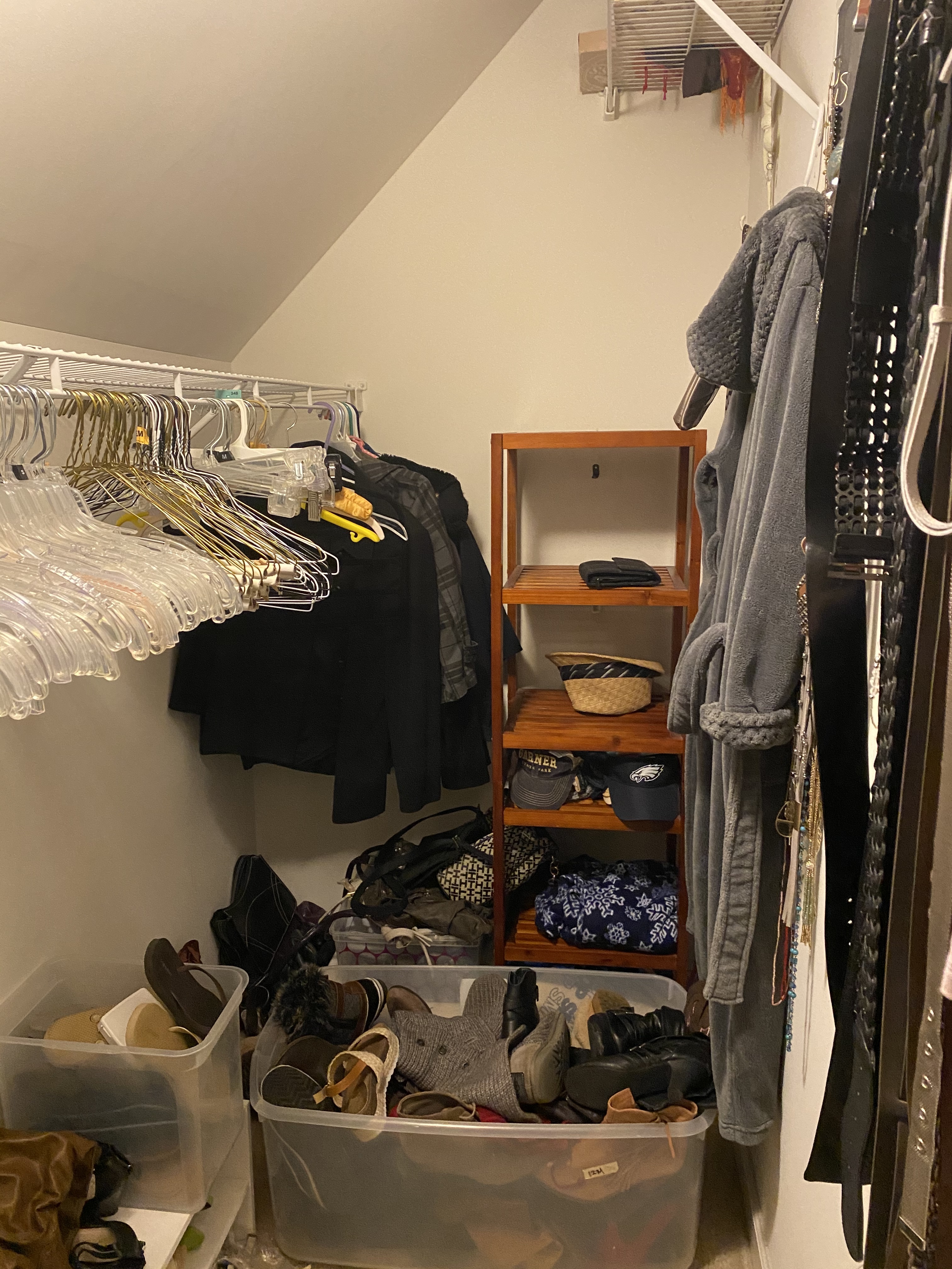 Cluttered Closet with storage bins holding shoes and empty clothes hangers.
