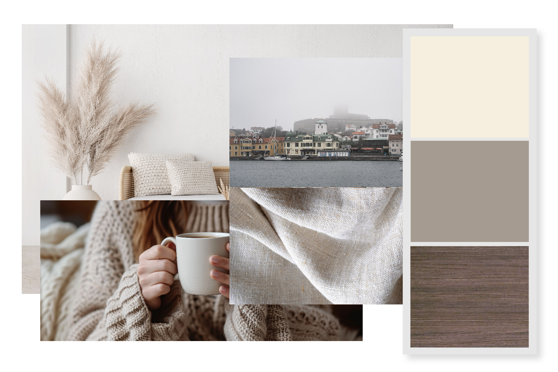 Coastal Charm - Collections-02 woman holding coffee cup, pampas grass, and linens.