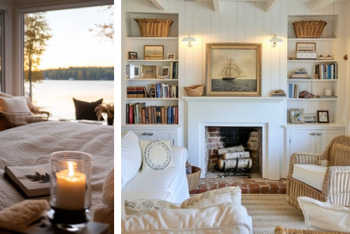 Collage of Serene Getaway bedroom with cozy bedding, candle and woodsy view (credit to D Home on Pinterest) and Costal Charm living room with light decor and wicker accents (credit to Teresa Marie TC on Pinterest).Home Aesthetics