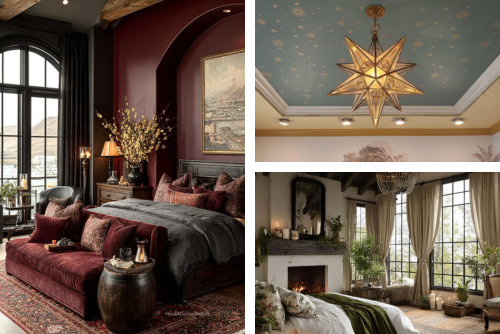 Collage of Vamp Romantic dark red bedroom (credits to Haus und Gartentrends on Pinterest) , Extra Celestial wallpaper and lighting (credits to Isabella on Pinterest), and Mystic Outlands greenery bedroom (credits to Carrie Mirabal on Pinterest) Home Decor