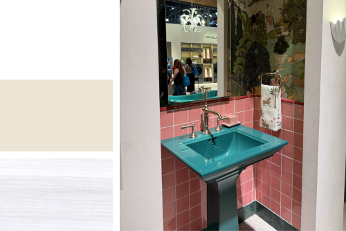 Collage of Vibrant Bathroom with pink and green tile, turquoise sink and animal garden wallpaper, and Color Swatches of White, Truffle and Snowdrift Live