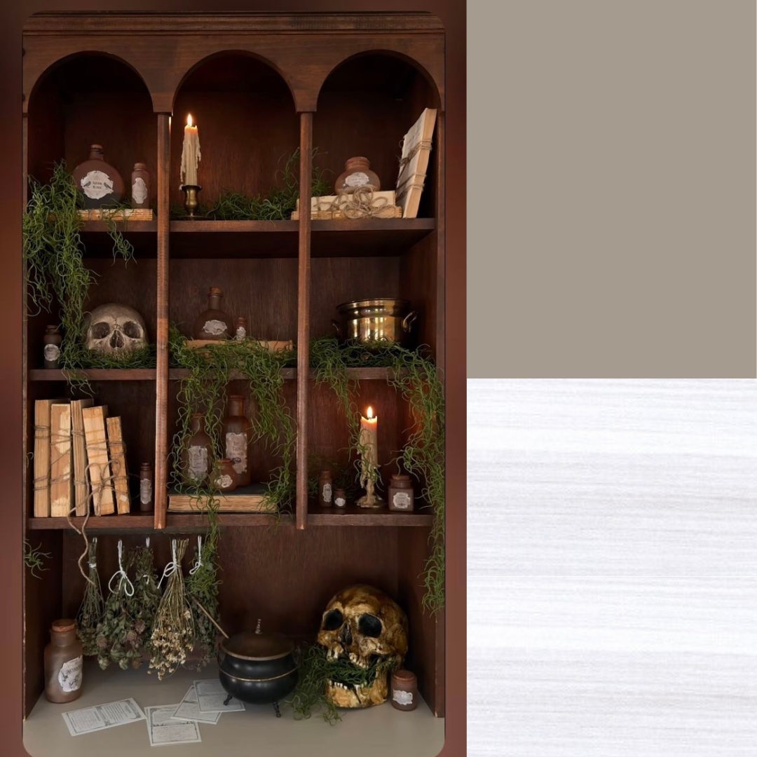 Dark Cottagecore Halloween Shelves credited to Pinterest user Allegra