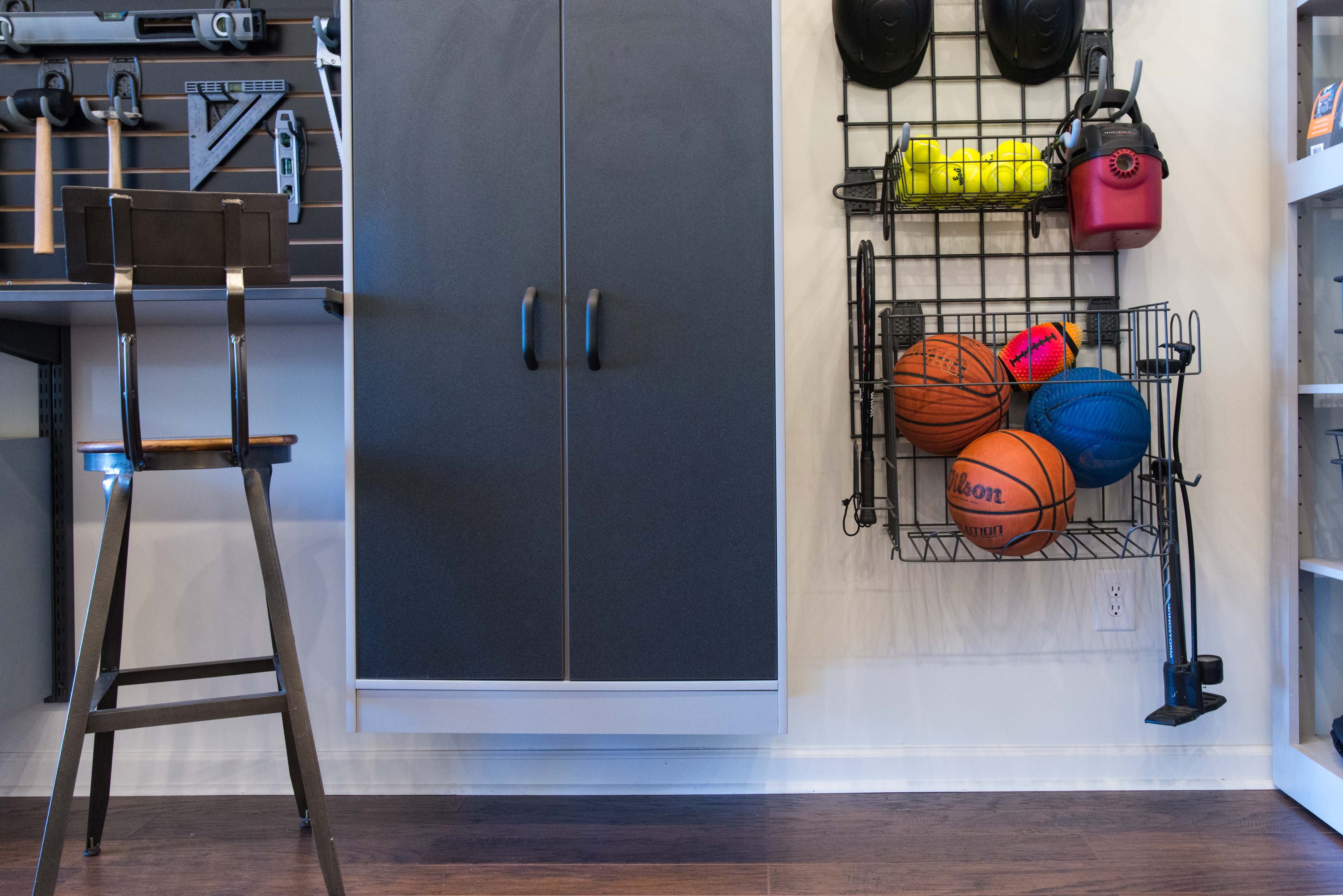 freedomRail Garage in Nickel with Activity Organizer with sports balls and tools. 