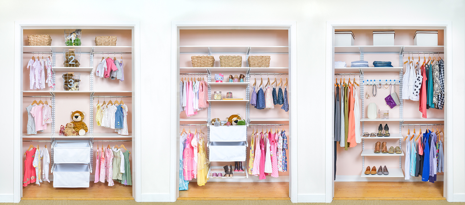 freedomRail 3 Closet Collage with infant, tween, and adult closets in different styles.