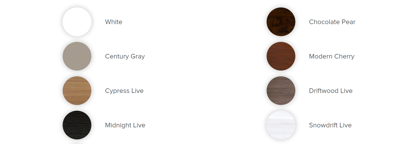 freedomRail 8 Finishes with White, Century Gray, Cypress Live, Midnight Live, Chocolate Pear, Modern Cherry, Driftwood Live, and Snowdrift Live.