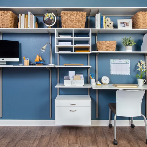 freedomRail Dual Desk Office in White with standing desk, standard desk, and office supply storage.
