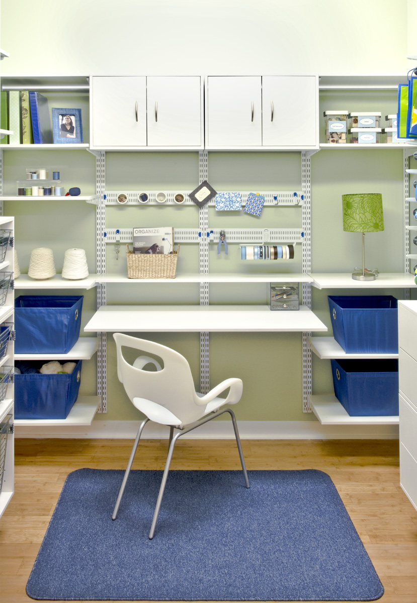 freedomRail Hobby Room in White with organized craft supplies and storage bins. 