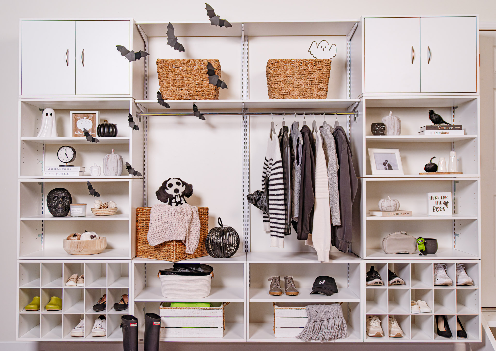 freedomRail Mudroom in White with Halloween decorations, black and white themed with subtle hints of neon green.