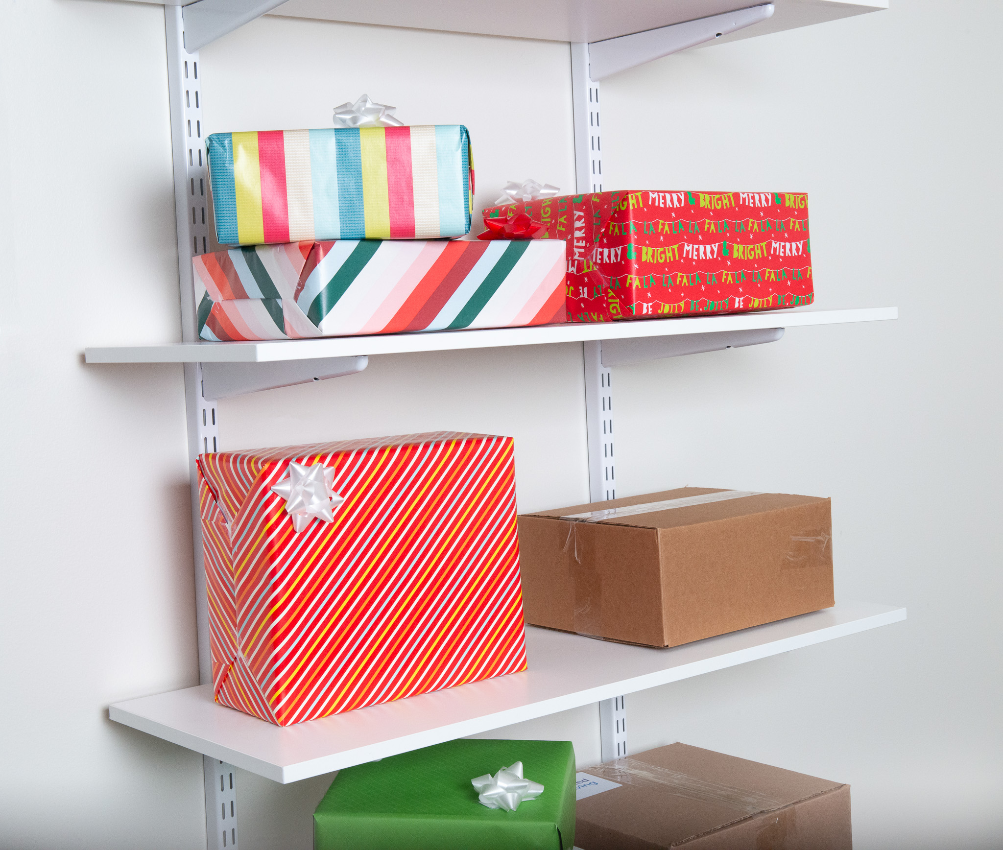 freedomRail Shelf Stack in White with packages and presents.