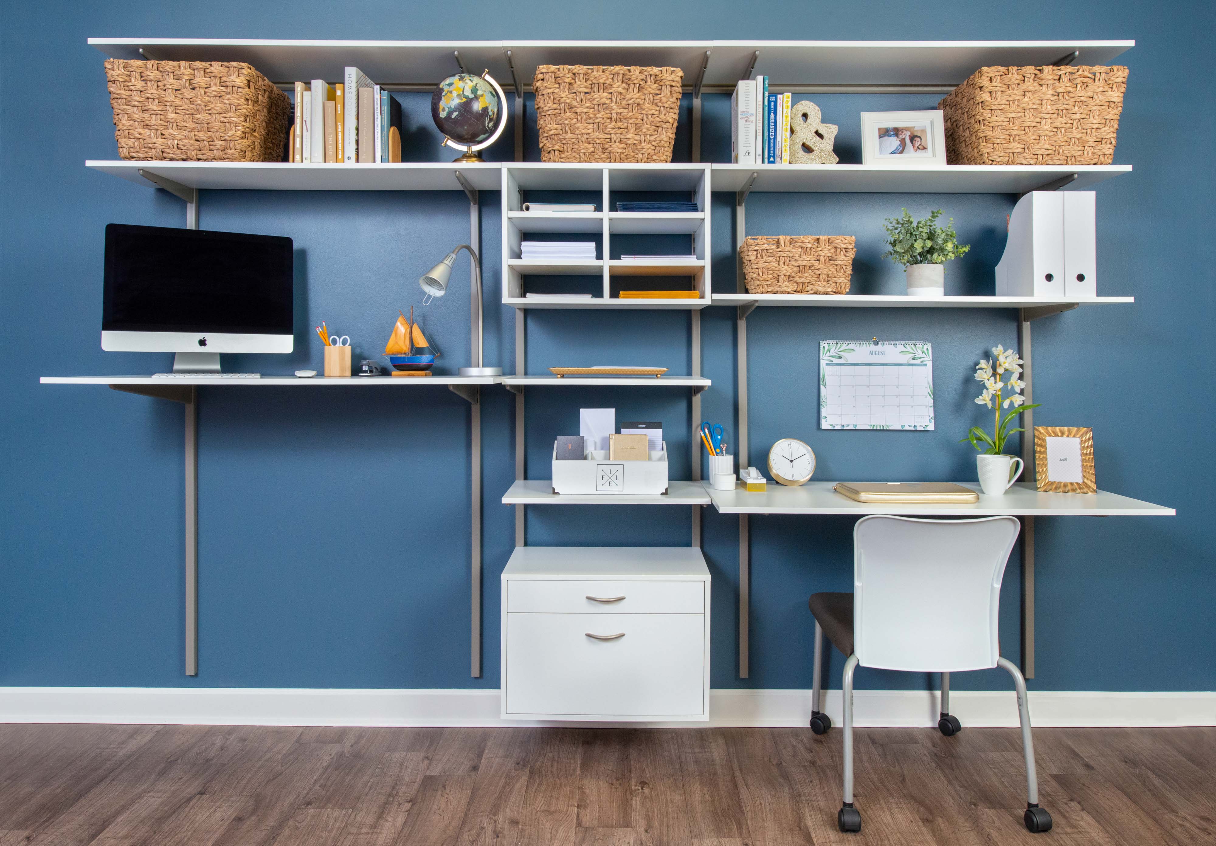 freedomRail White Dual Desk Office with standing desk and sitting desk.