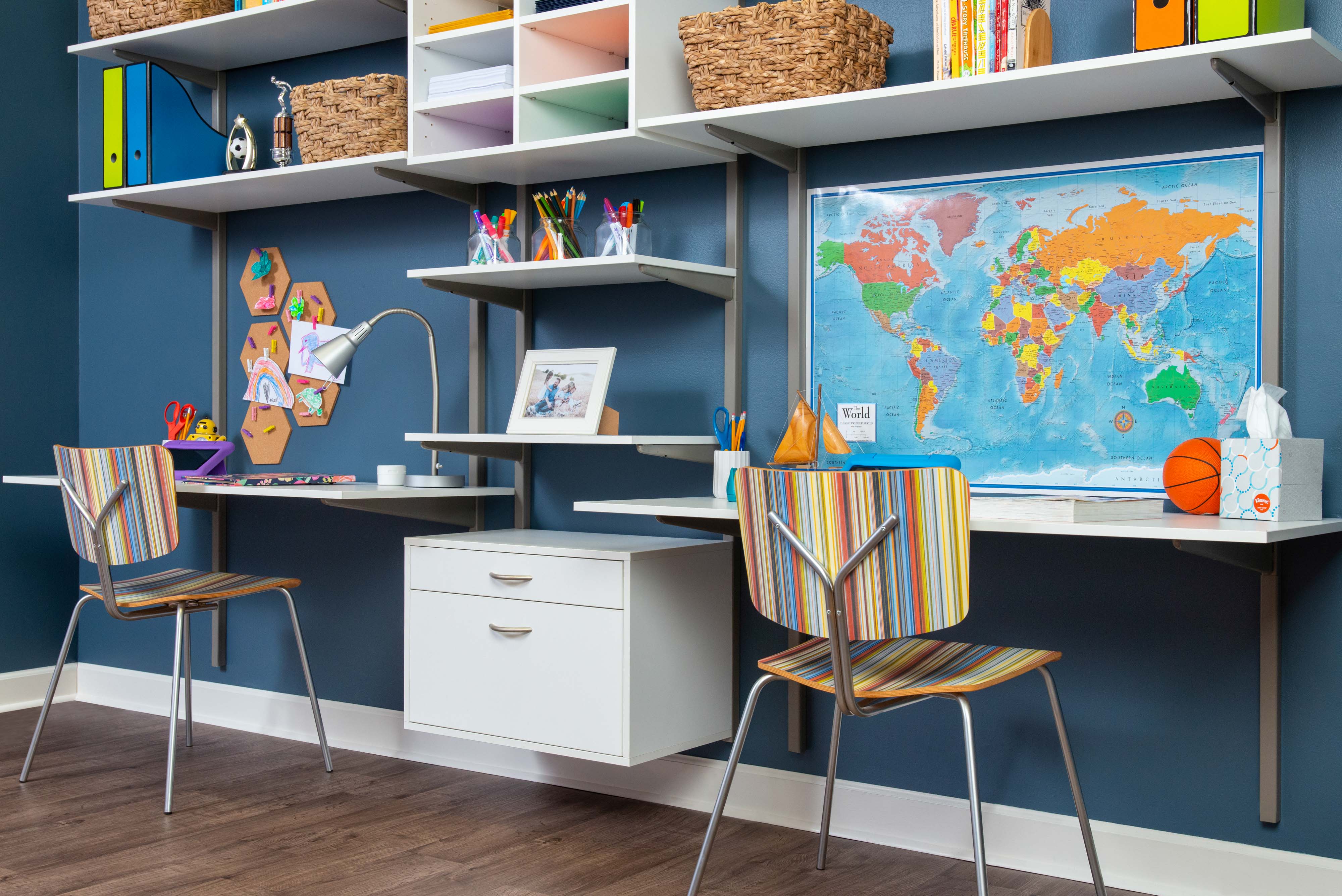freedomRail White Dual Desk Office with 2 kid desks.