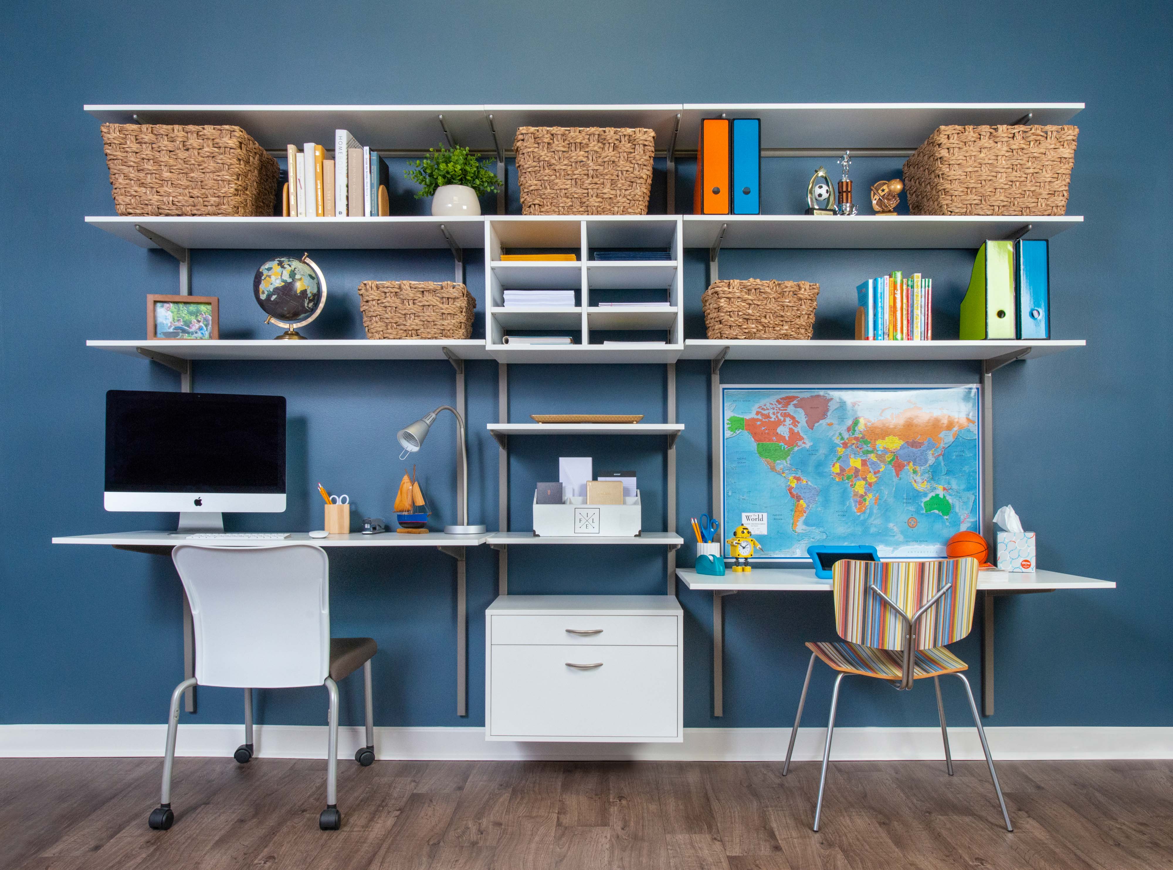 freedomRail White Dual Desk Office in White with adult and child sections.