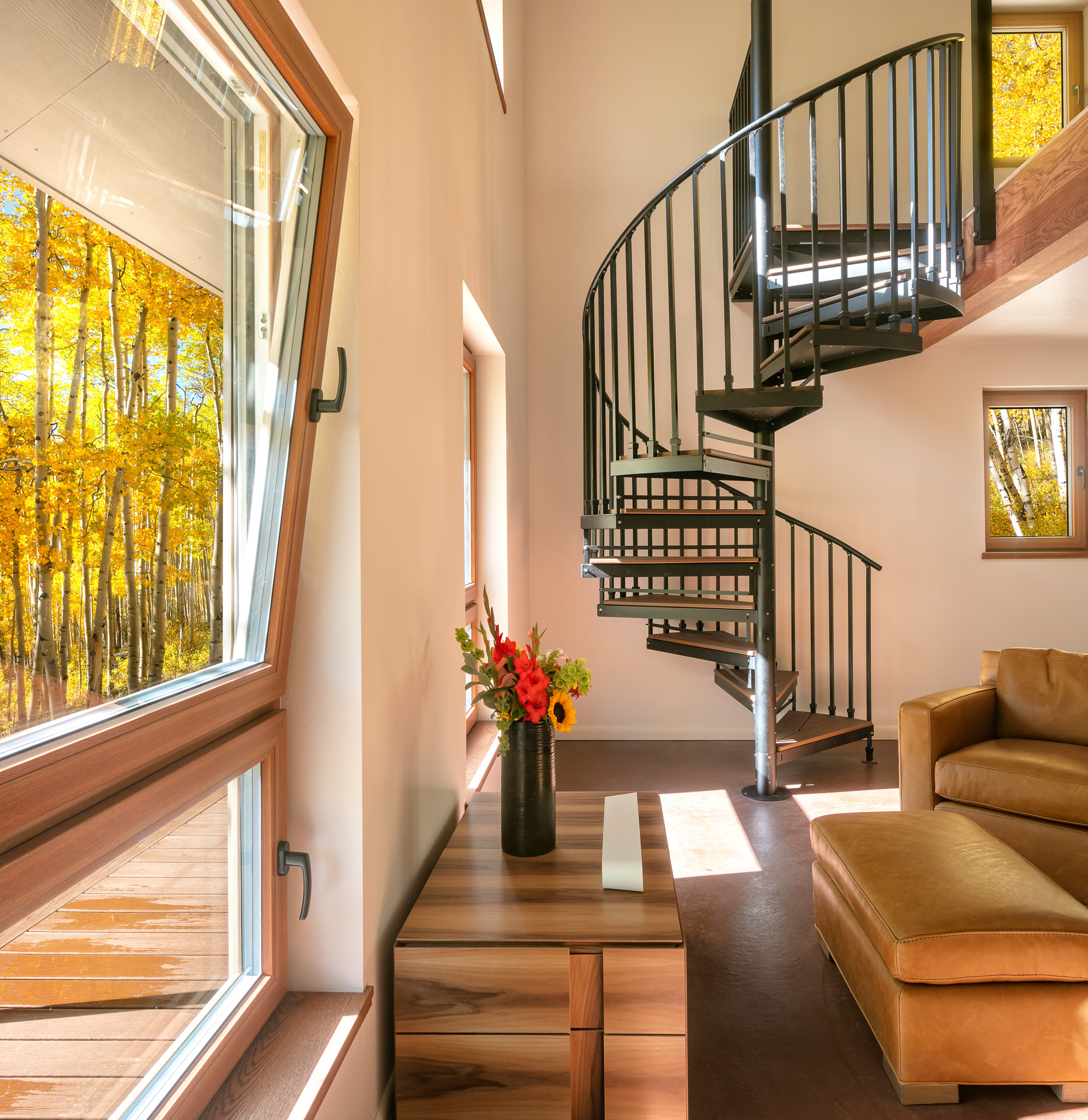 Mariposa Meadows Indoor view with spiral staircase and window.