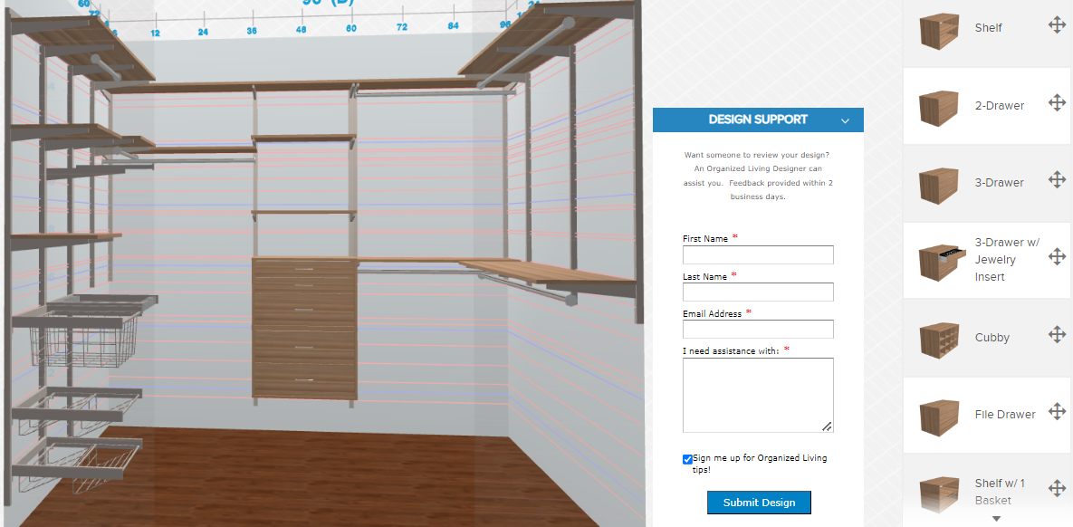 Online Design Tool Screenshot with freedomRail walk-in closet in Cypress Live.