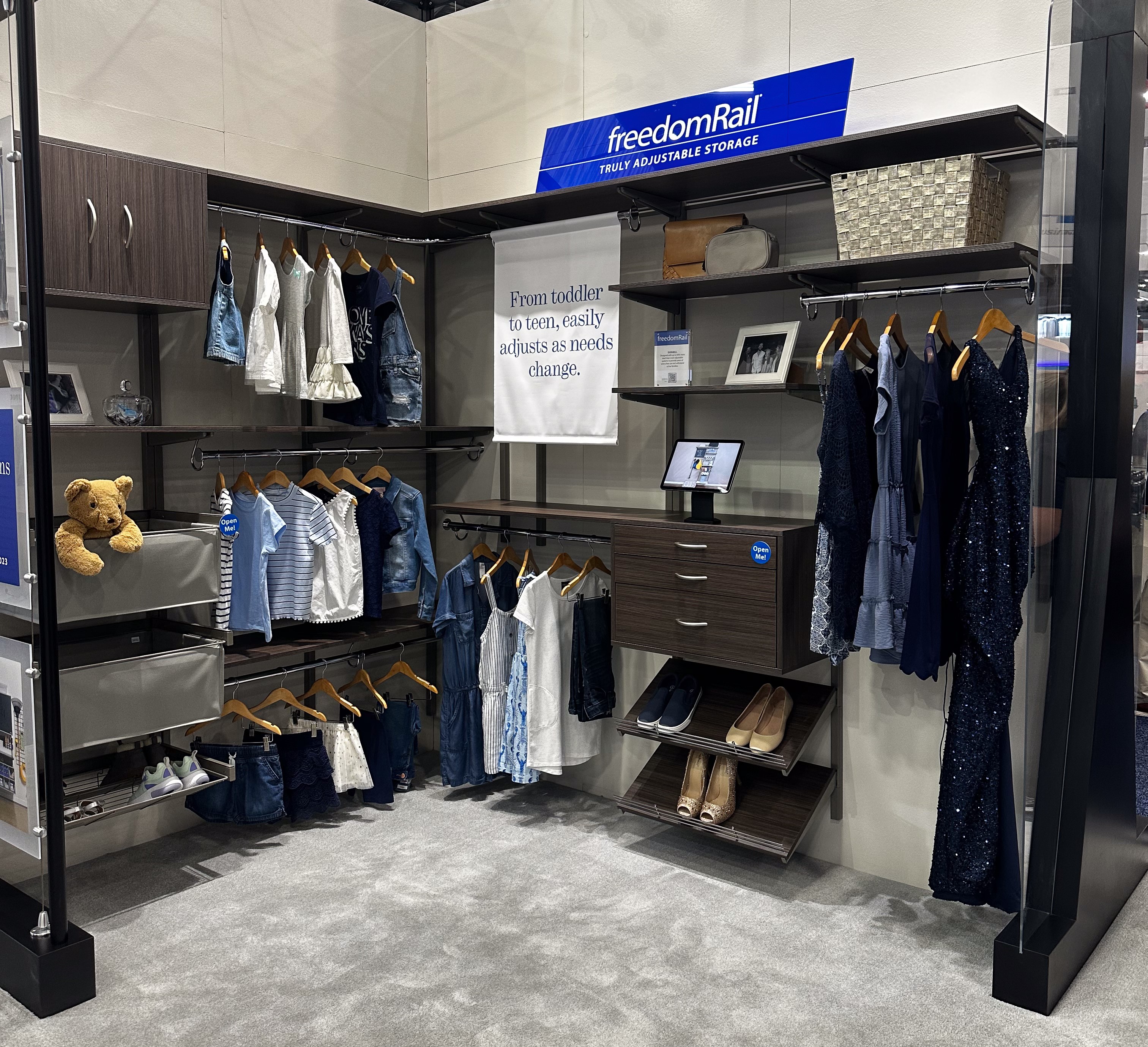 Organized Living Booth freedomRail Toddler to Teen Vignette with young girls clothing.