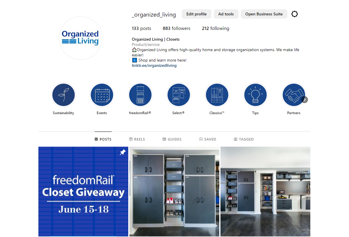 Organized Living Instagram Profile with bio, story highlights, and 