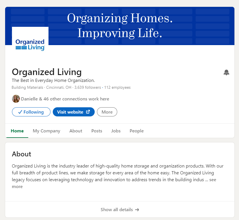 Organized Living LinkedIn Profile with our 