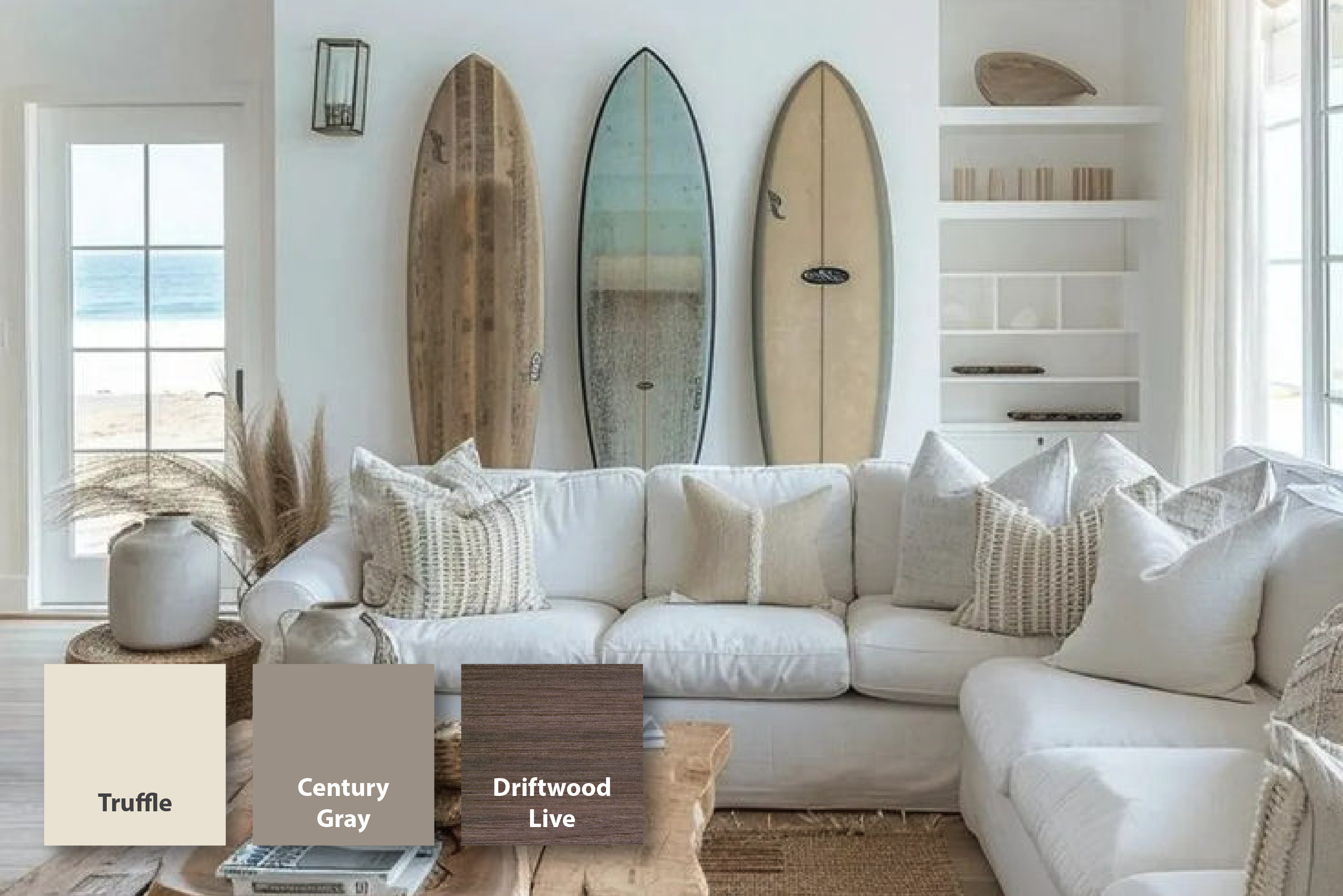 Pinterest Predictions - Tera Futura with light hues, bright walls and finishes: Truffle, Century Gray, and Driftwood Live.