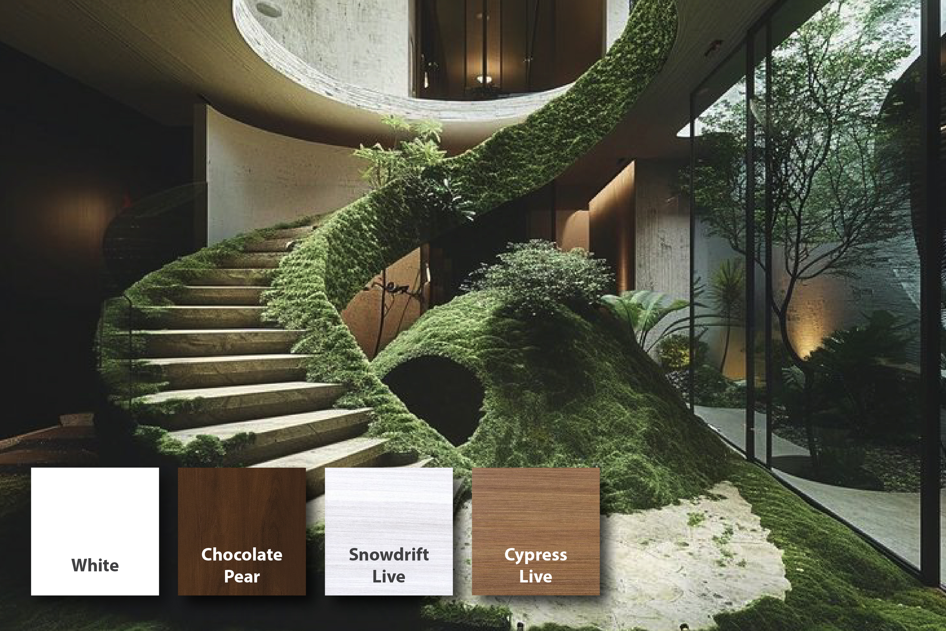 Pinterest Predictions - Terra Futura with green landscape interior and our finishes: White, Chocolate Pear, Snowdrift Live, and Cypress Live.