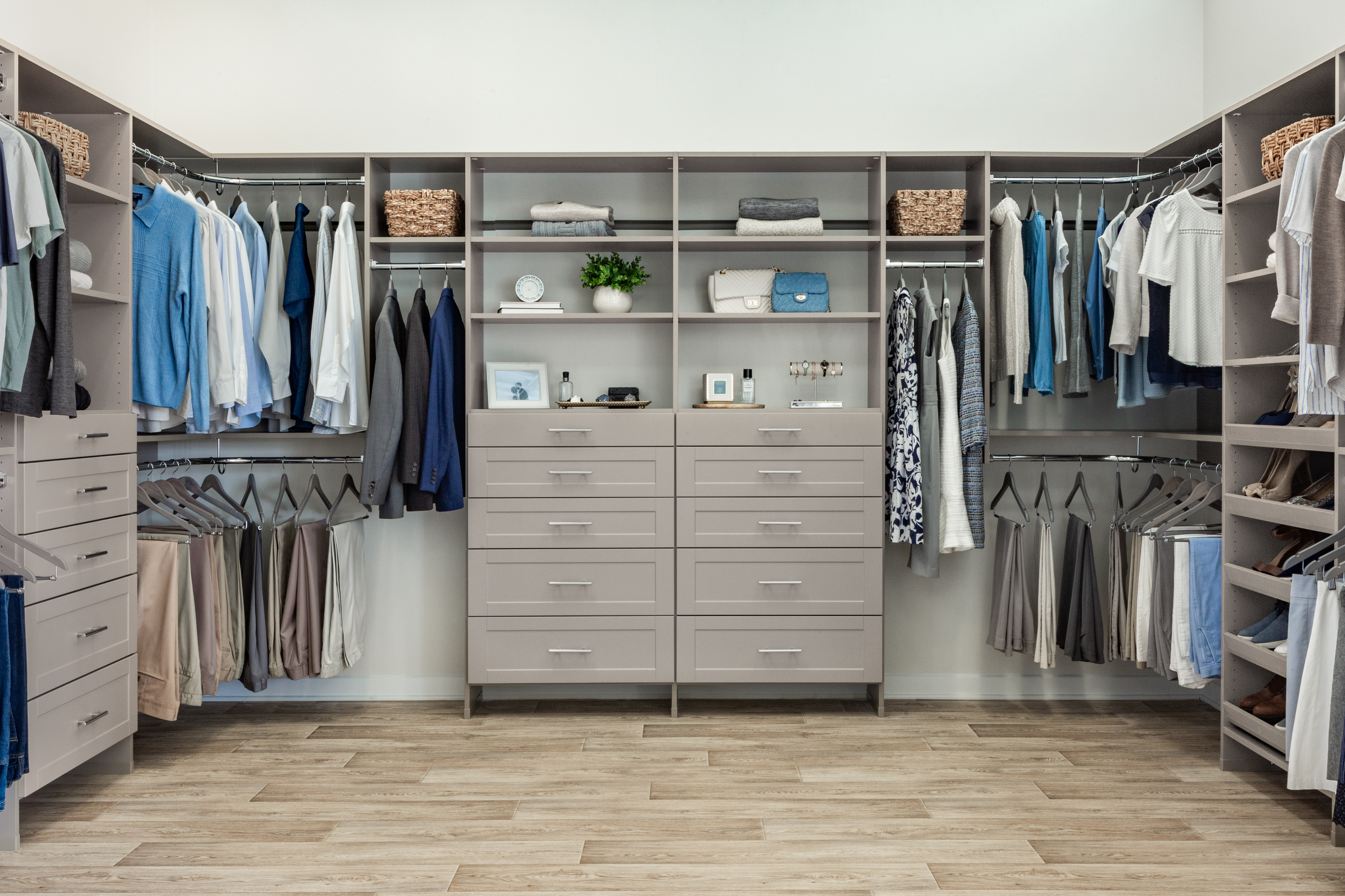 Select Easy Floor Mount Foot Century Gray Closet with women and men clothing, accessories, and neutral background.
