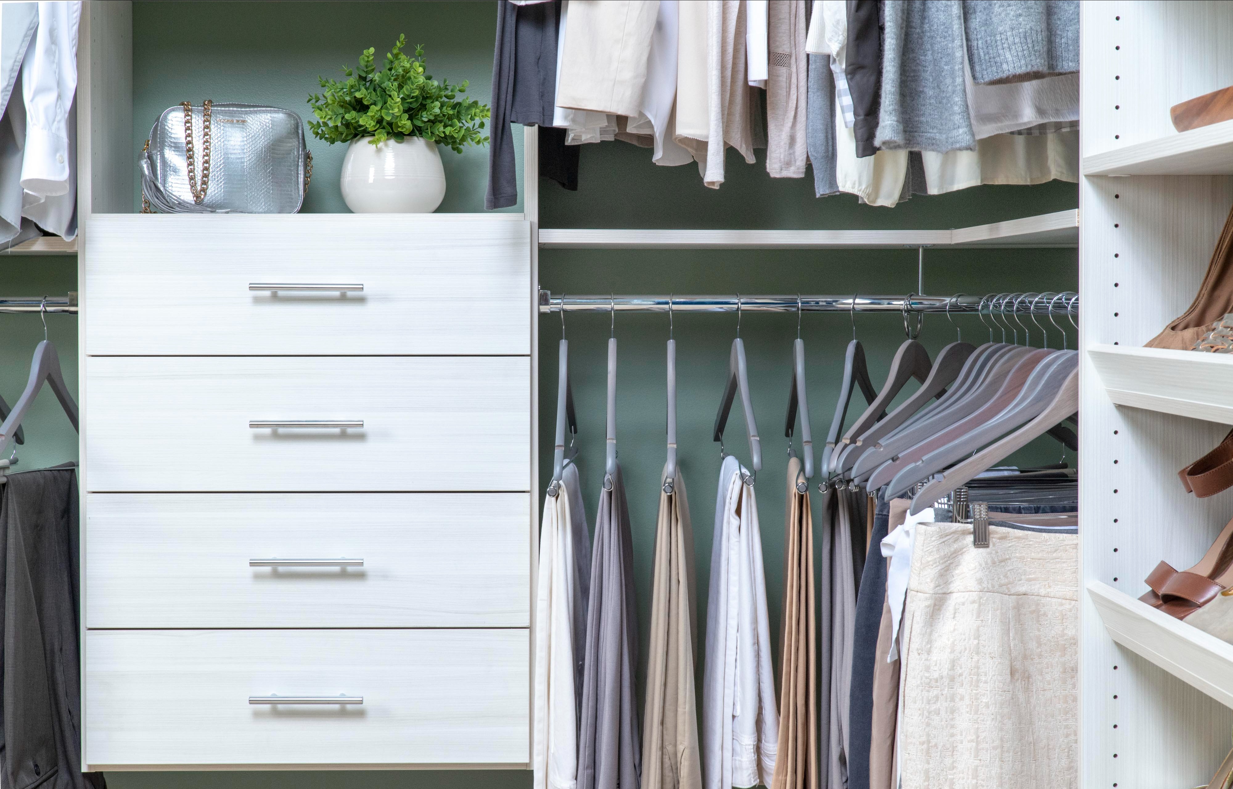 Organized Living Select Snowdrift Walk-in Closet propped with women's clothing.