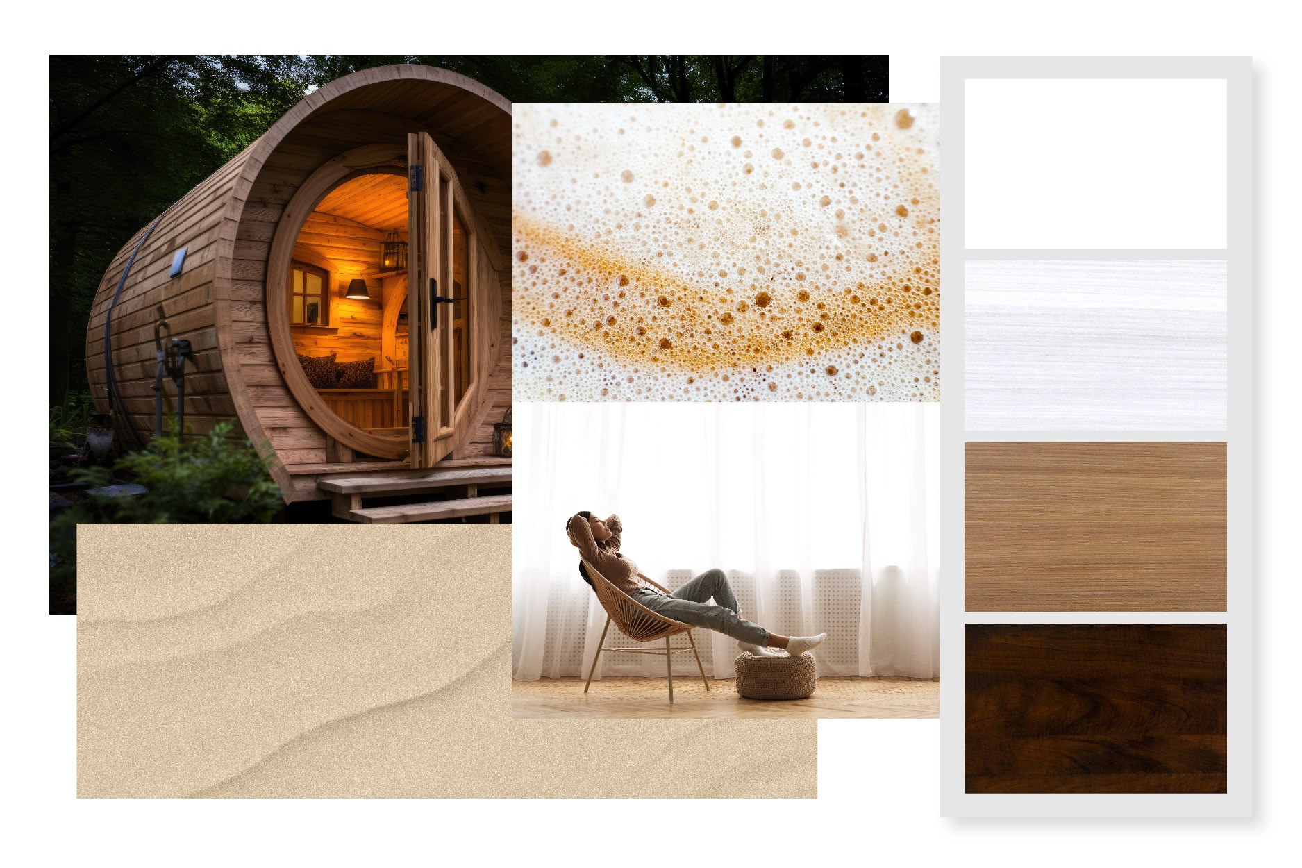 Serene Getaway - Collections-01 with a cabin in woods, frothy milk, and woman relaxing in a light and airy room.