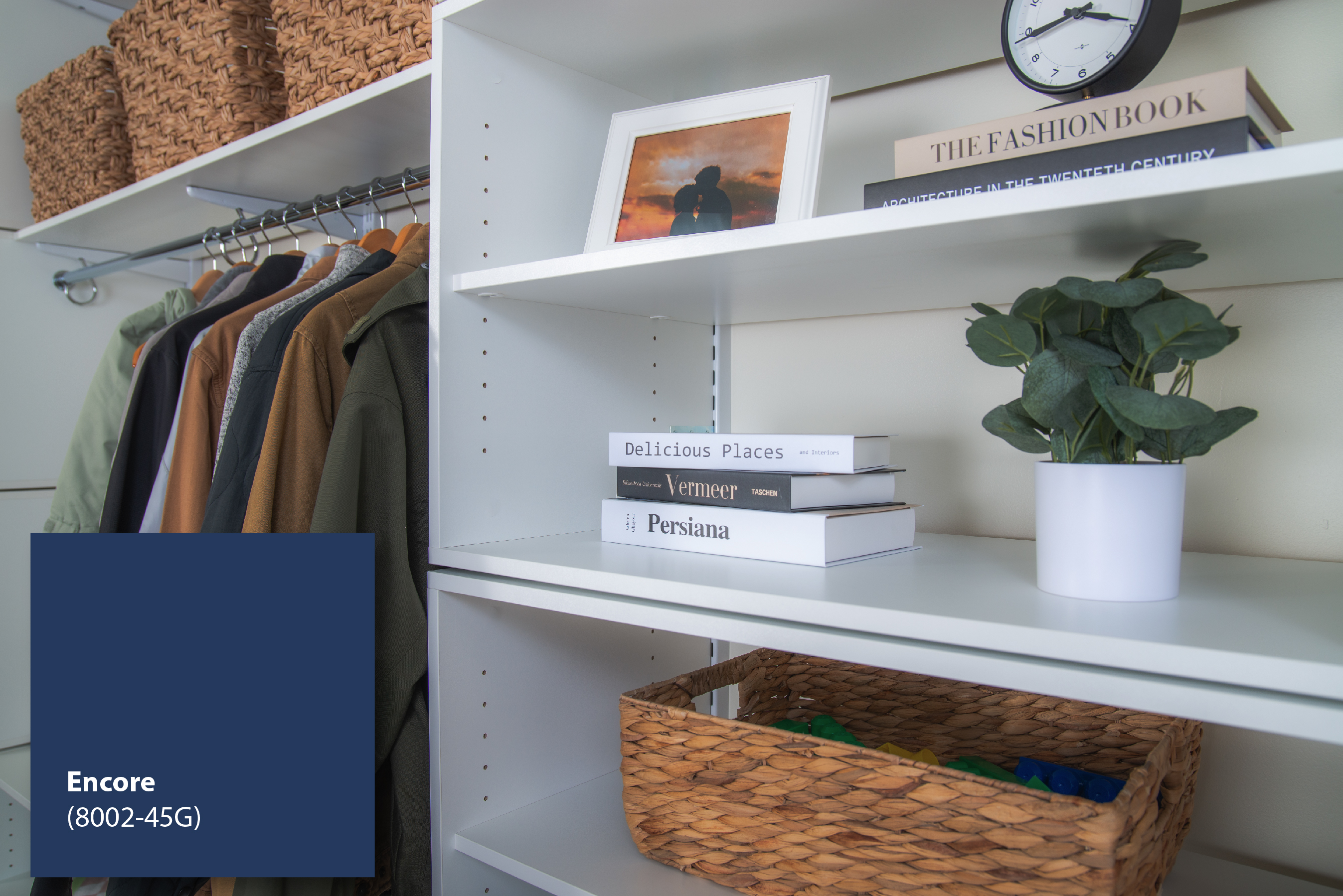 Valspar Color of the Year Image with color swatch and freedomRail closet in White.