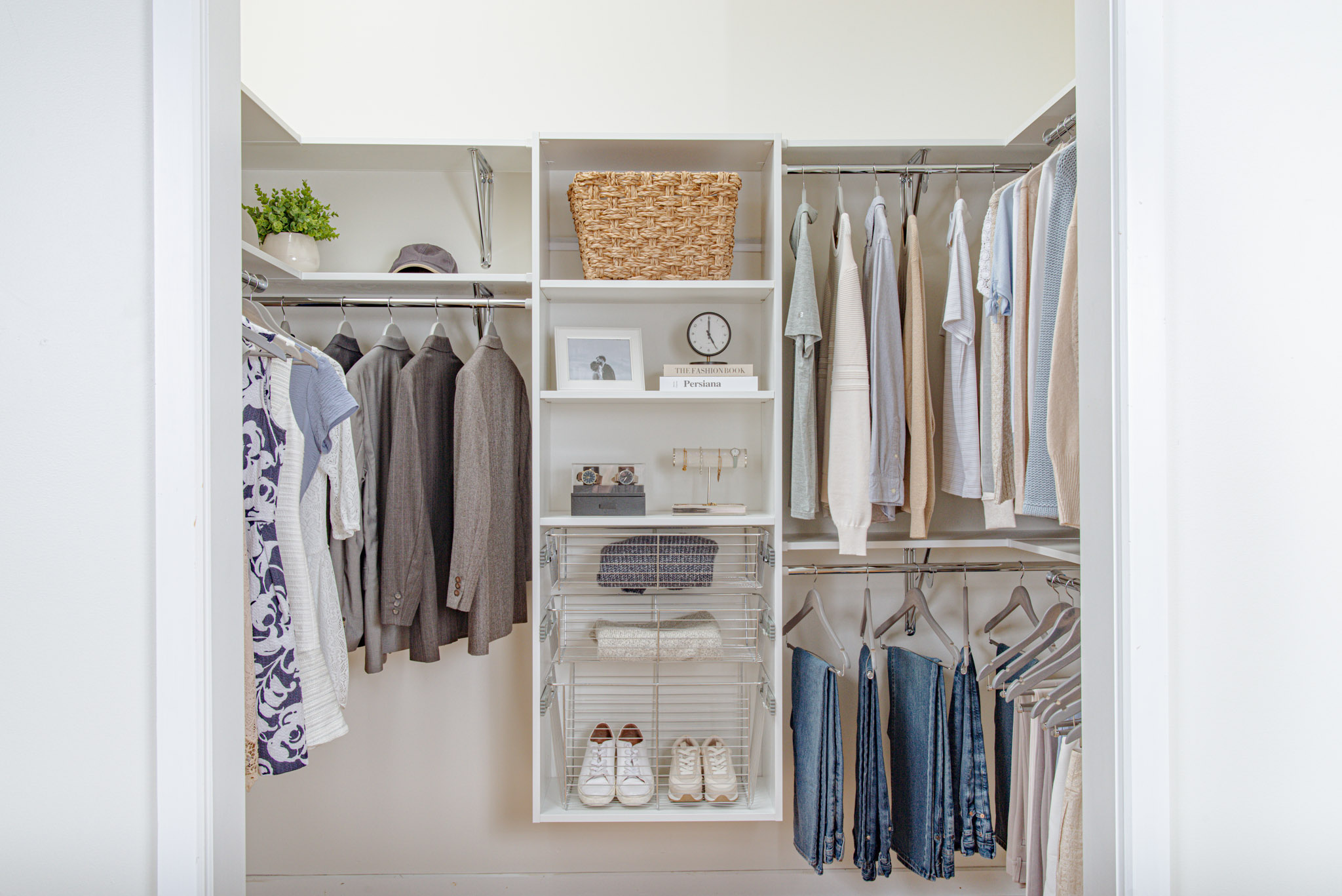 VUE_White_Bedroom with men and women clothing, neutral clothing and long hang on the left and double hang on the right.