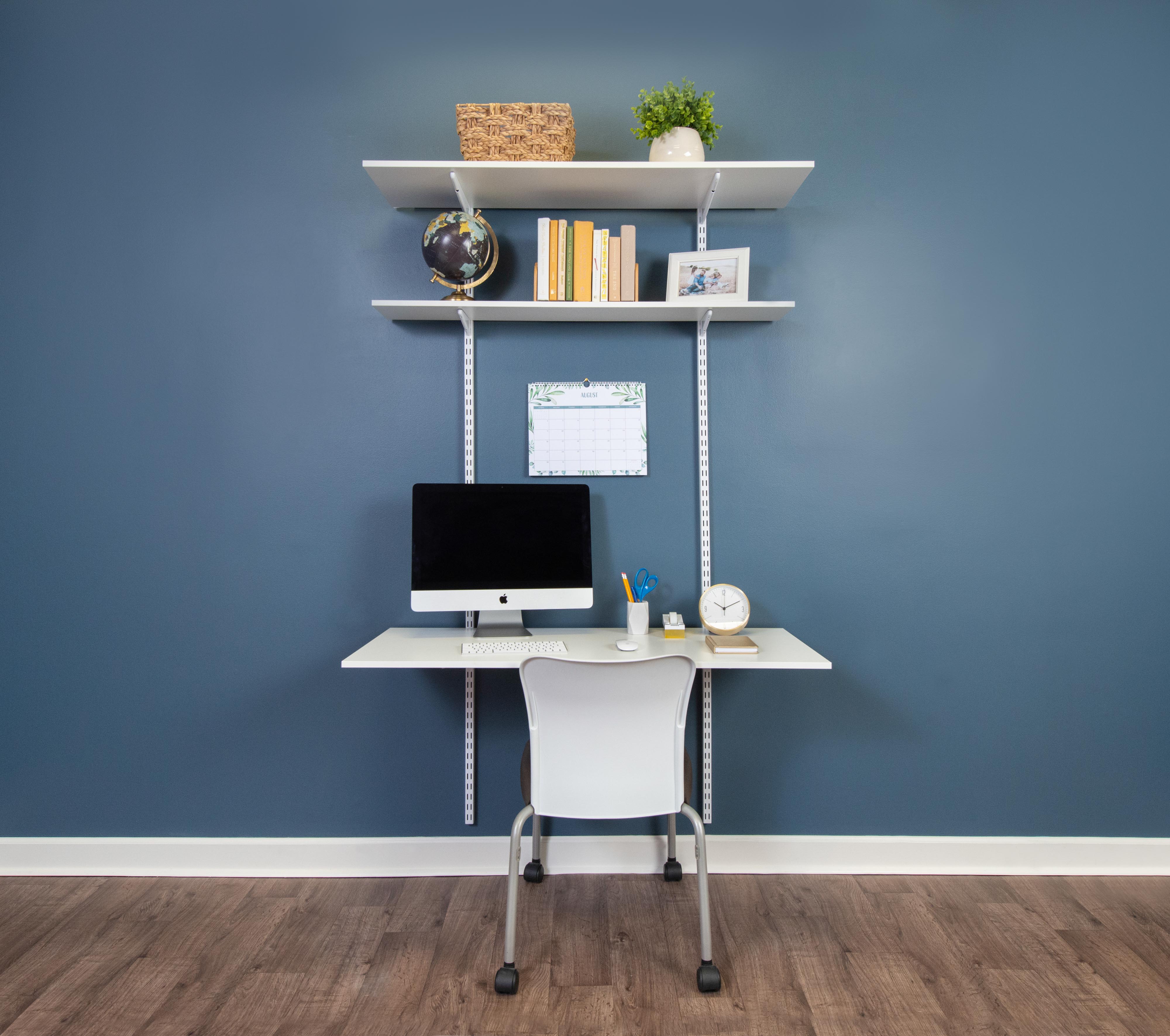 freedomRail White Desk Kit with shelves and blue background.