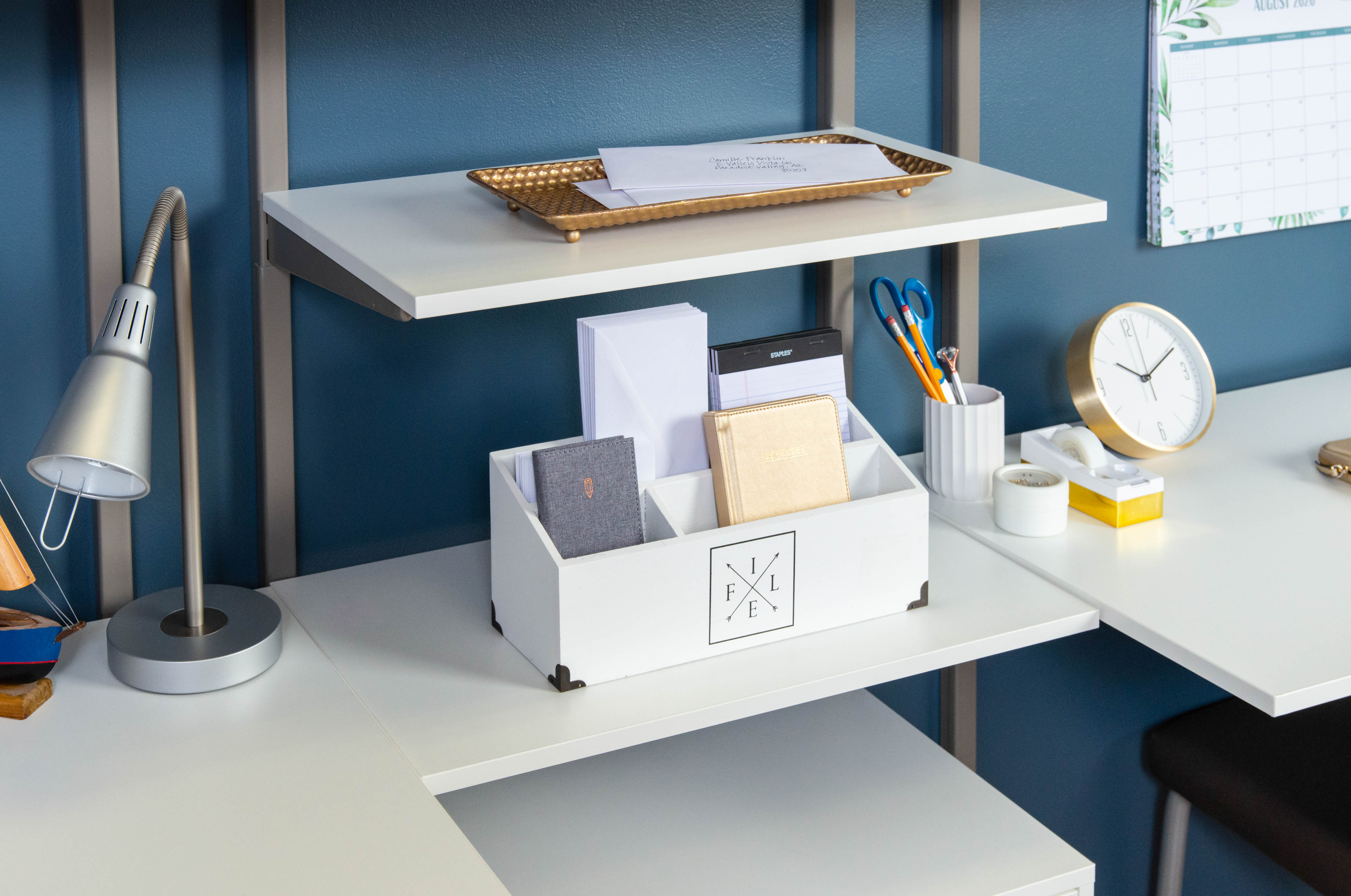 freedomRail White Dual Desk Office with close up of mail, envelopes, and notepads. 