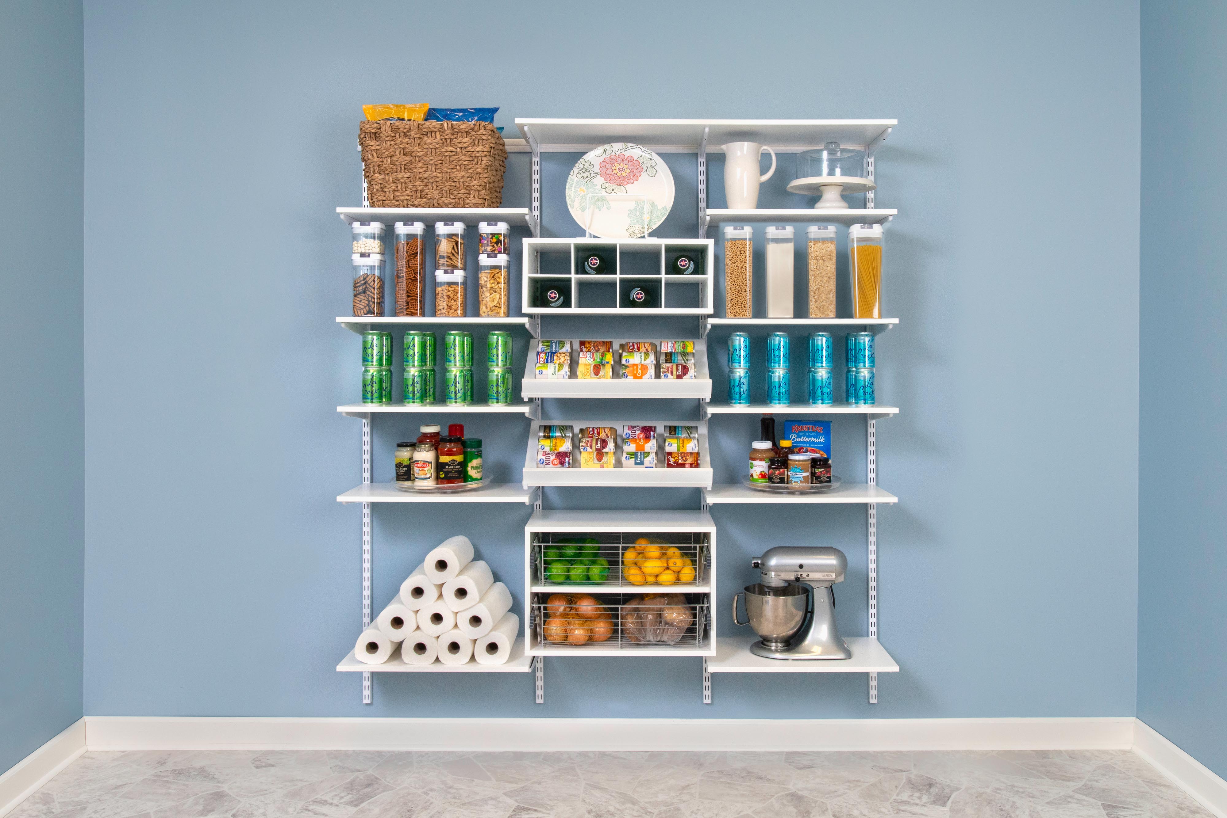 freedomRail White Pantry with bulk food and stand mixer.